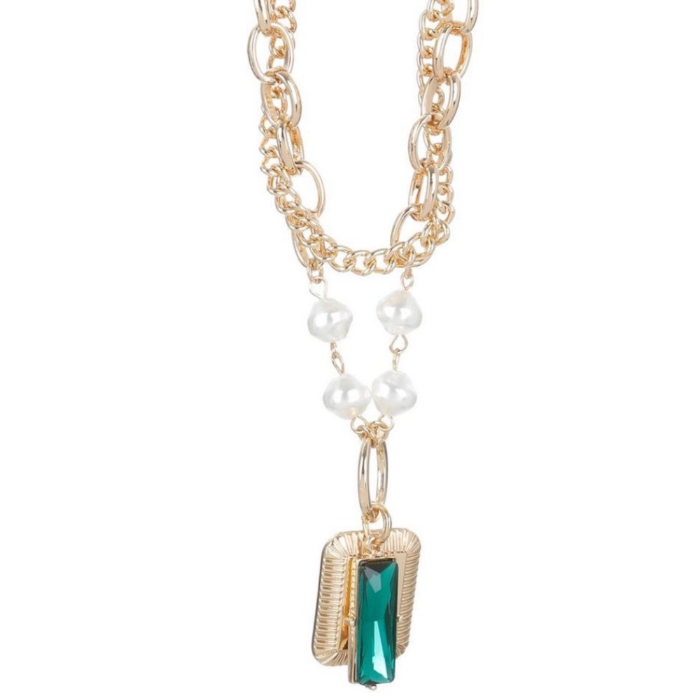 F2 NYC Gold Tone Double Layered Pearl Accent Emerald Gemstone Necklace NWT